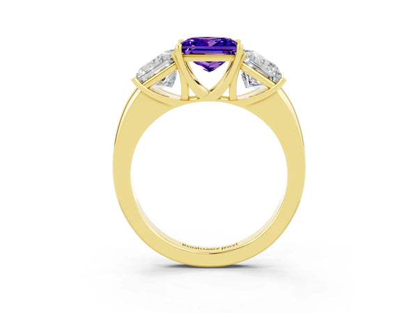 Yellow gold Princess Cut Tanzanite Three-Stone Ring with Four-Prong Setting and Classic Band