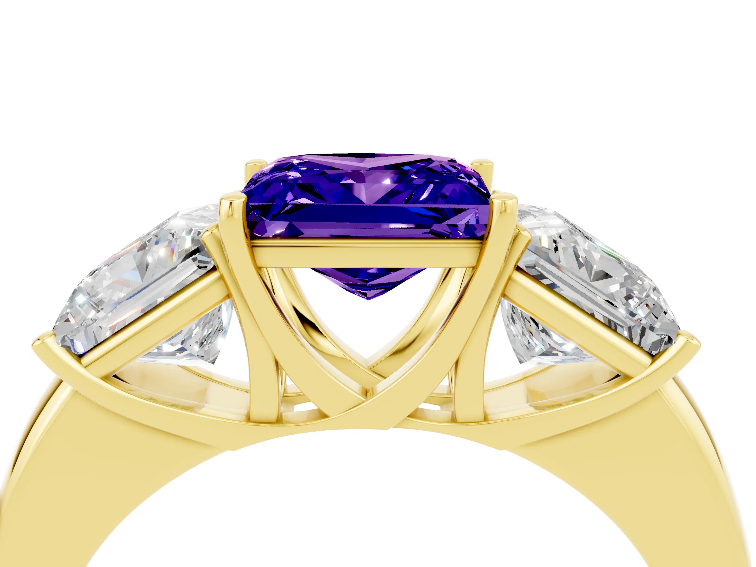 Yellow gold Princess Cut Tanzanite Three-Stone Ring with Four-Prong Setting and Classic Band_4