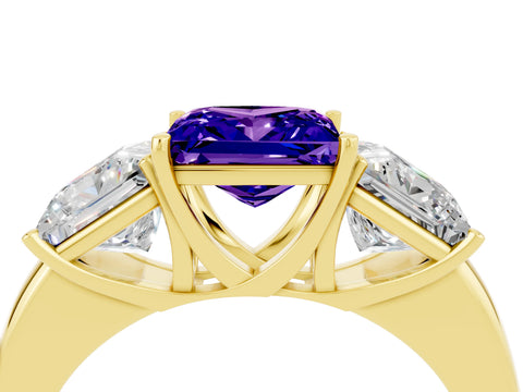 Yellow gold Princess Cut Tanzanite Three-Stone Ring with Four-Prong Setting and Classic Band_4