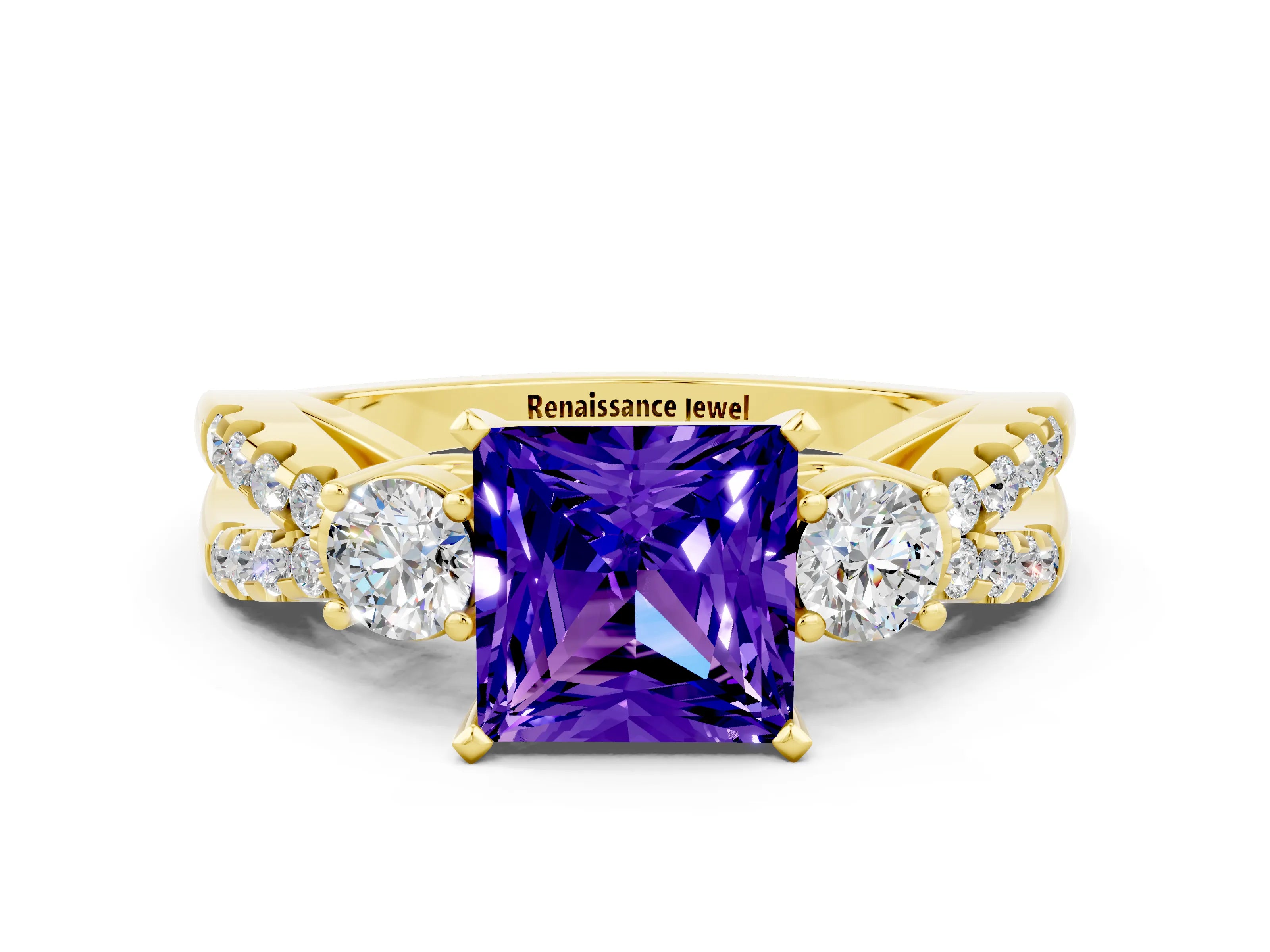 Yellow gold Princess Cut Tanzanite Three-Stone Ring with Pavé Split Shank and Four-Prong Setting
