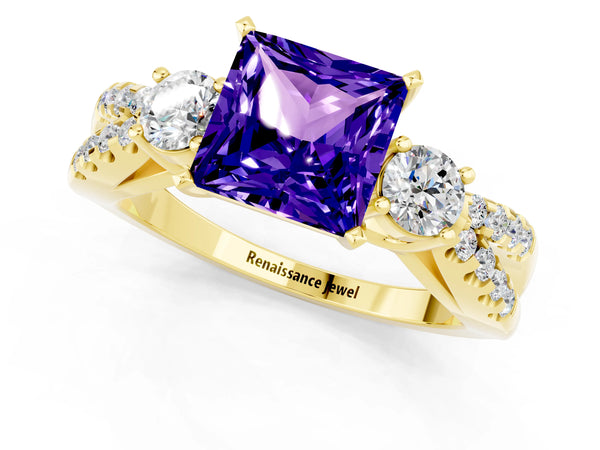 Yellow gold Princess Cut Tanzanite Three-Stone Ring with Pavé Split Shank and Four-Prong Setting