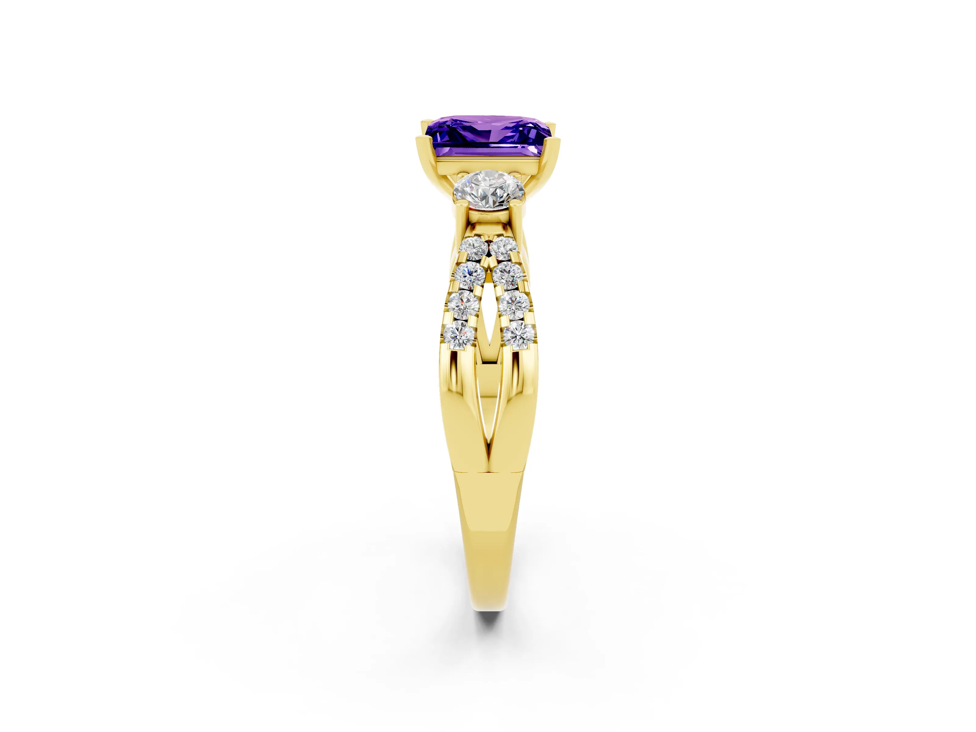 Yellow gold Princess Cut Tanzanite Three-Stone Ring with Pavé Split Shank and Four-Prong Setting_2
