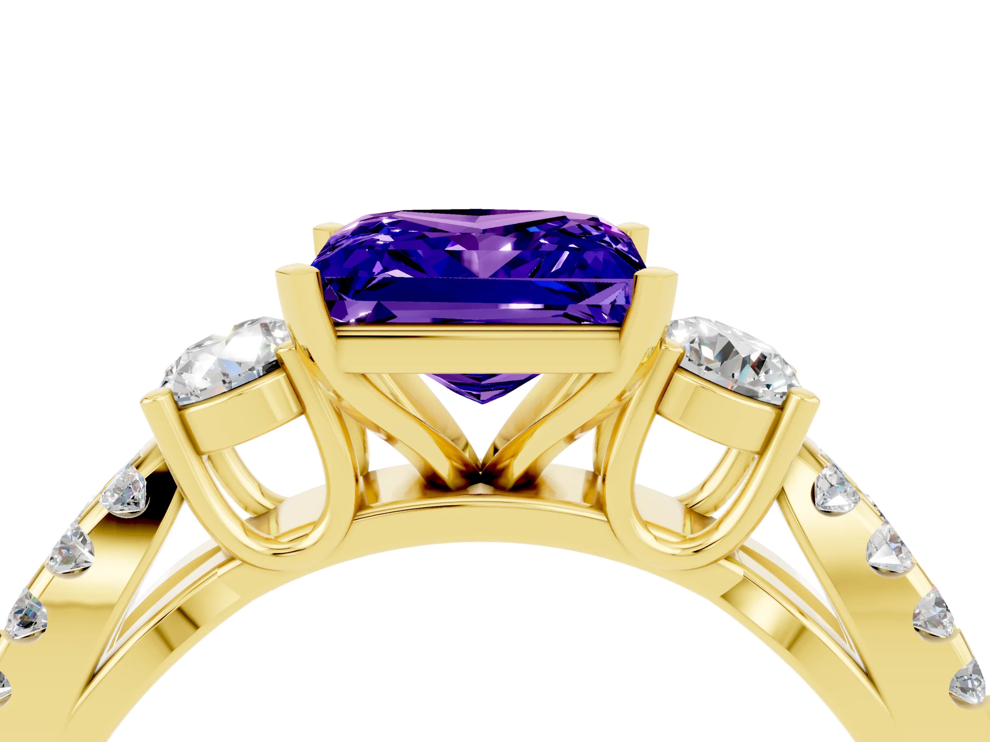 Yellow gold Princess Cut Tanzanite Three-Stone Ring with Pavé Split Shank and Four-Prong Setting_4