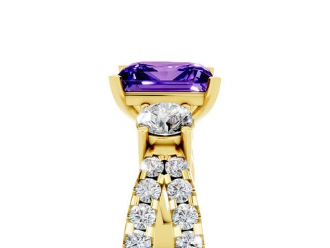 Yellow gold Princess Cut Tanzanite Three-Stone Ring with Pavé Split Shank and Four-Prong Setting_5