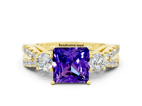 Yellow gold Princess Cut Tanzanite Three-Stone Ring with Pavé Split Shank and Four-Prong Setting