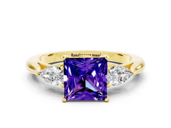 Yellow gold Princess Cut Tanzanite Three-Stone Ring with Pear  Side Stones and Prong Setting