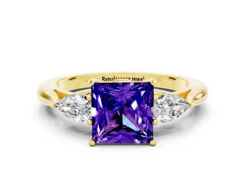 Yellow gold Princess Cut Tanzanite Three-Stone Ring with Pear Side Stones and Four-Prong Setting_12