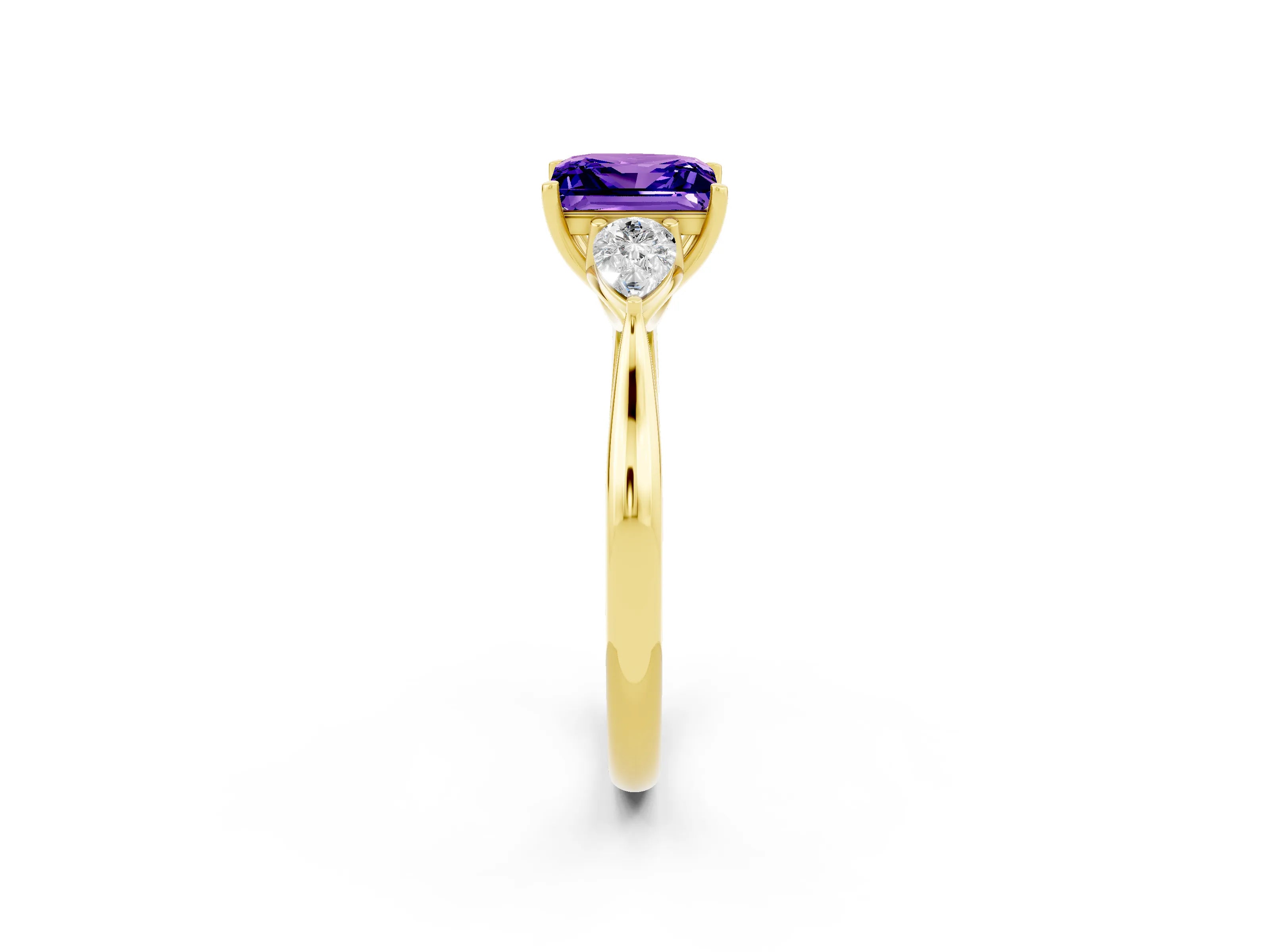 Yellow gold Princess Cut Tanzanite Three-Stone Ring with Pear Side Stones and Four-Prong Setting_14