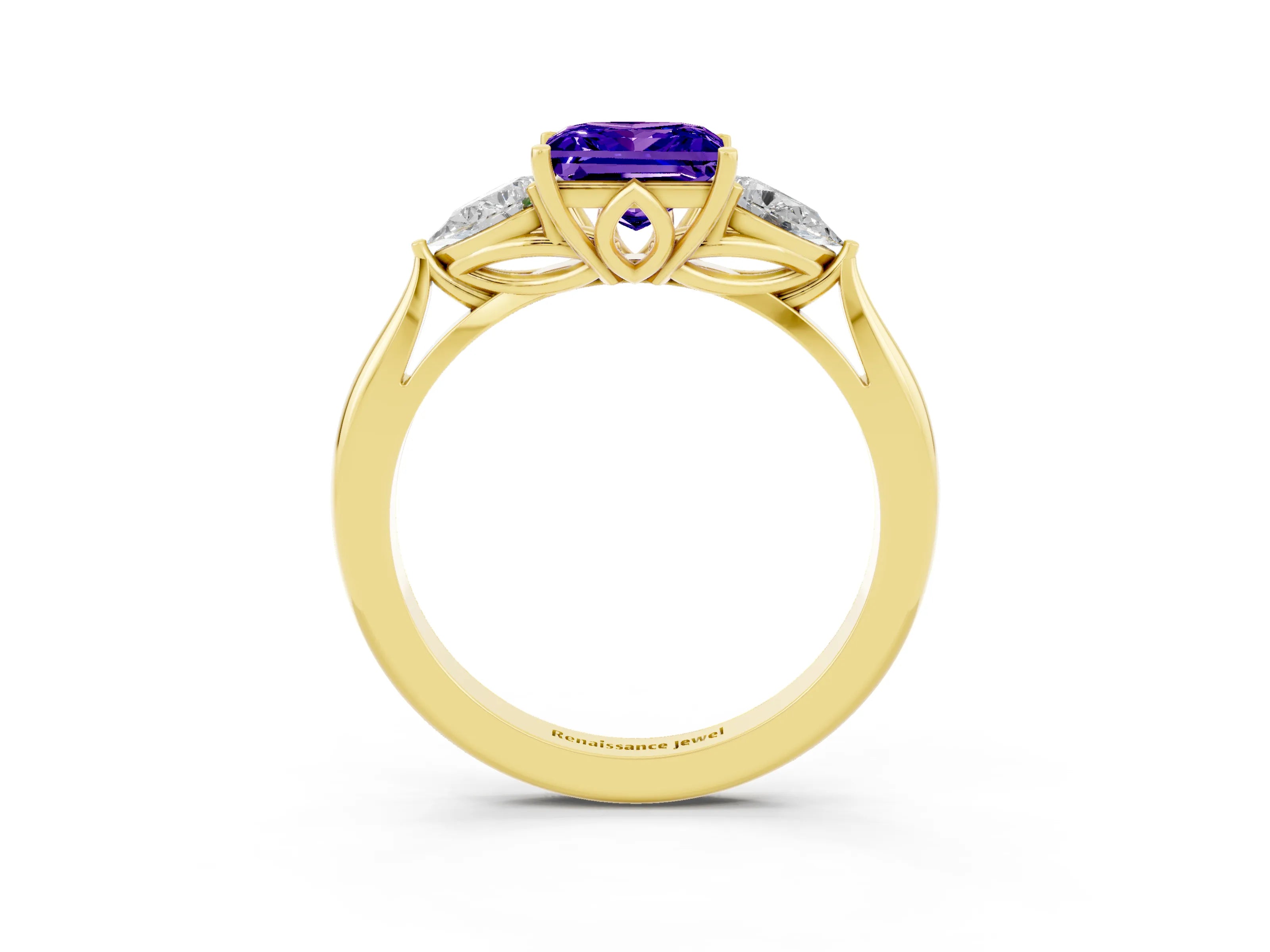 Yellow gold Princess Cut Tanzanite Three-Stone Ring with Pear Side Stones and Four-Prong Setting_15