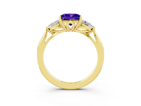 Yellow gold Princess Cut Tanzanite Three-Stone Ring with Pear Side Stones and Four-Prong Setting_15