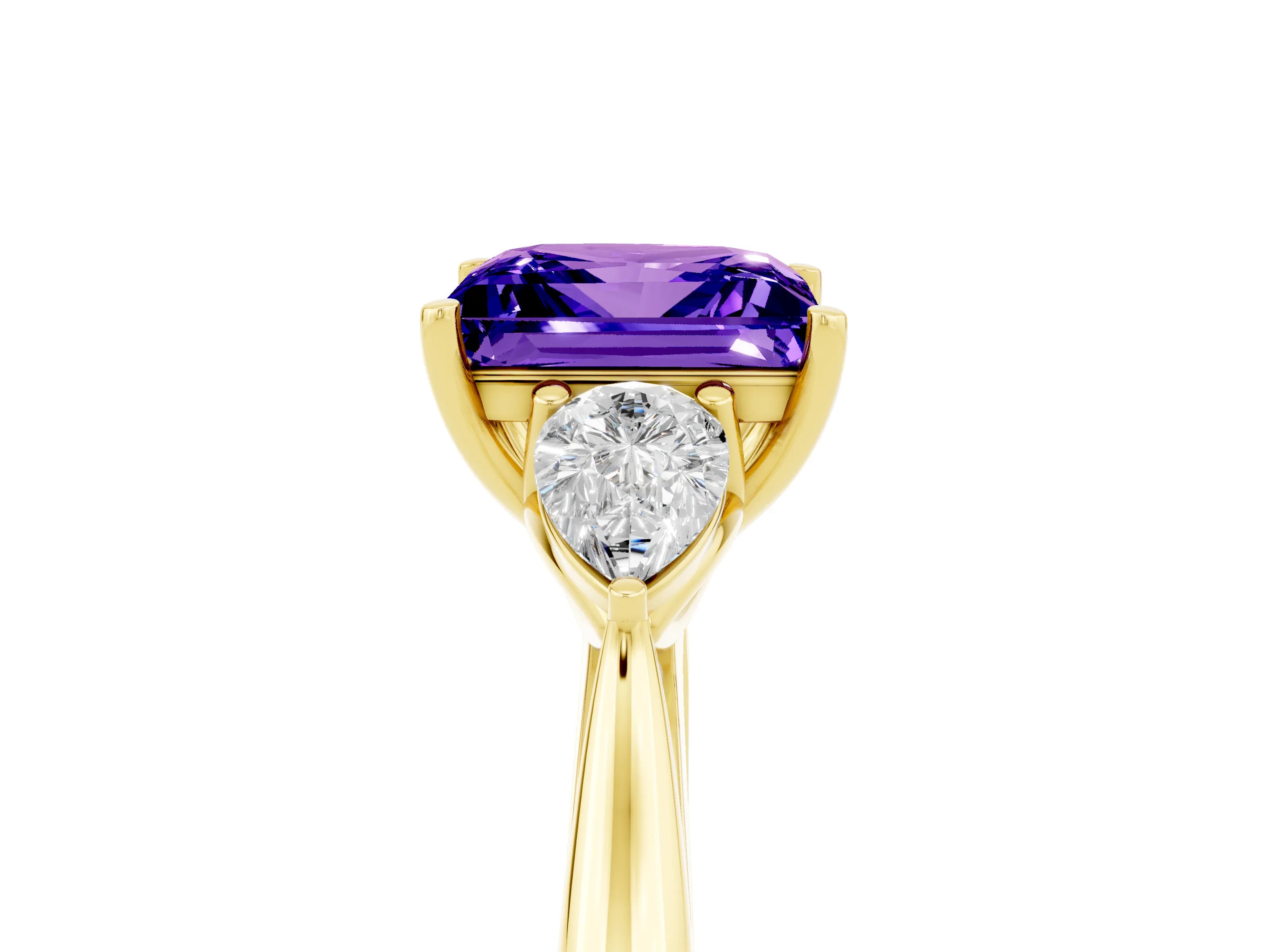 Yellow gold Princess Cut Tanzanite Three-Stone Ring with Pear Side Stones and Four-Prong Setting_17