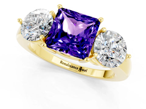 Yellow gold Princess Cut Tanzanite Three-Stone Ring with Prong Setting and Classic Band_1