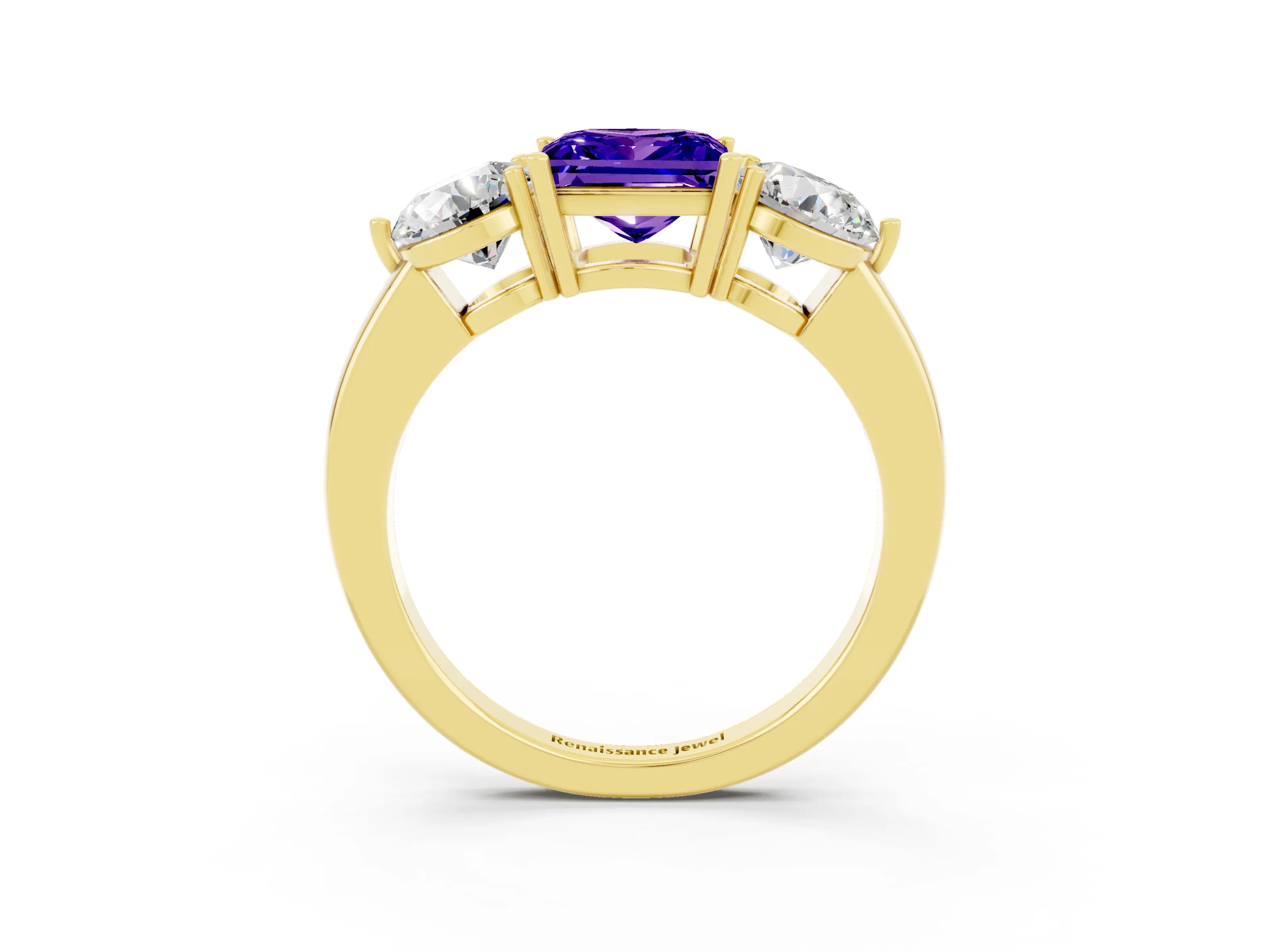 Yellow gold Princess Cut Tanzanite Three-Stone Ring with Prong Setting and Classic Band_3