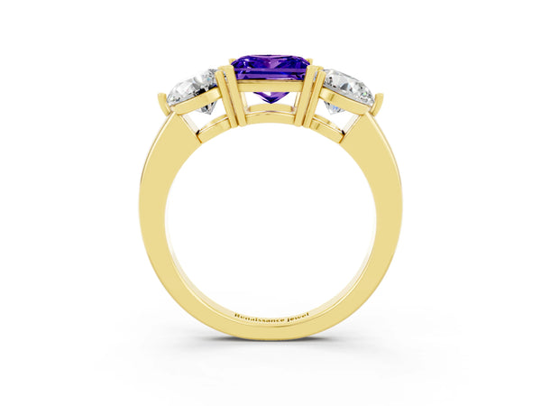 Yellow gold Princess Cut Tanzanite Three-Stone Ring with Prong Setting and Classic Band