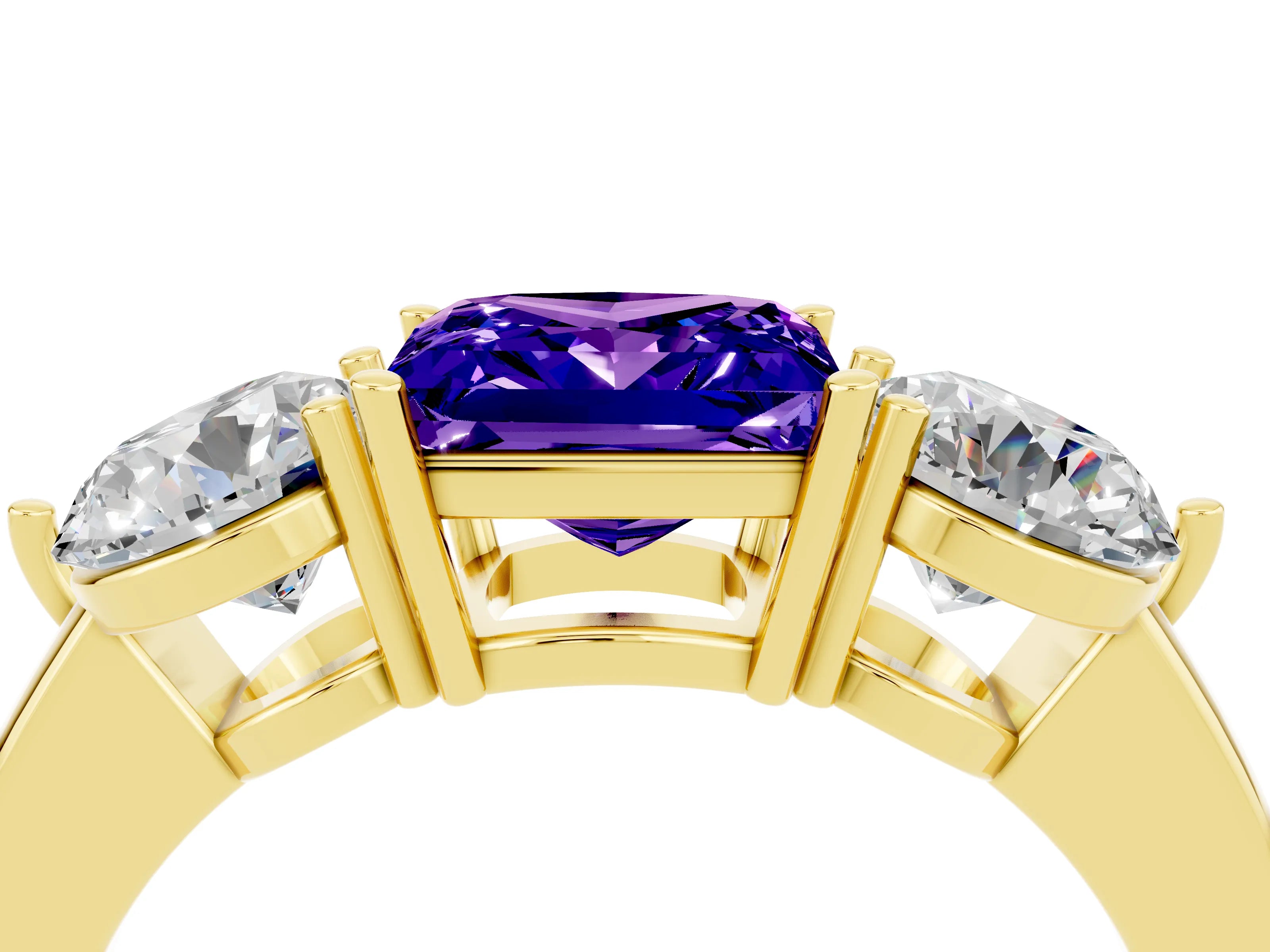 Yellow gold Princess Cut Tanzanite Three-Stone Ring with Prong Setting and Classic Band_4
