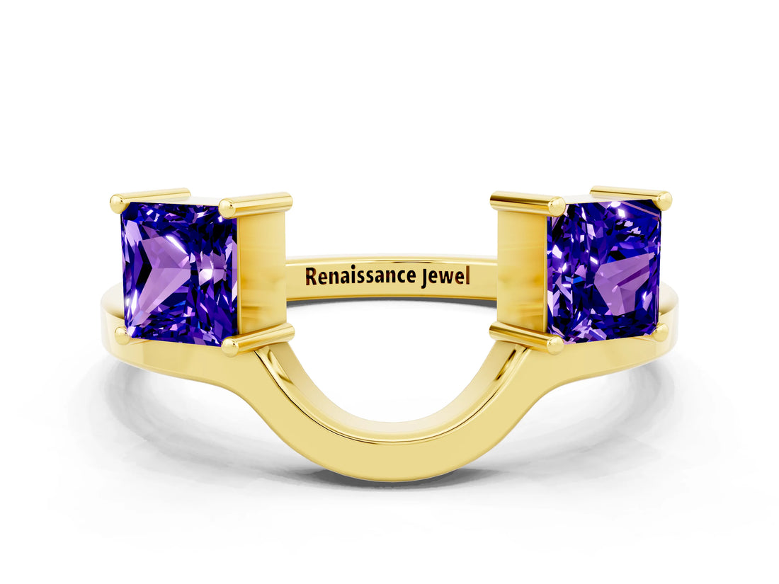 Yellow gold Princess Cut Tanzanite Two-Stone Open Band Ring with Four-Prong Setting_6
