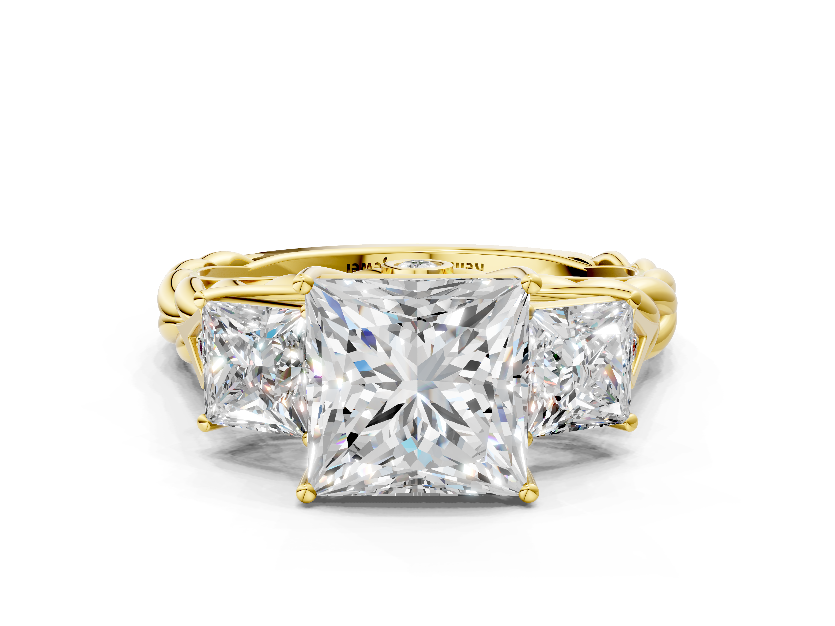 Yellow gold Princess Cut Three-Stone Braided Band Ring with Four-Prong Setting_24