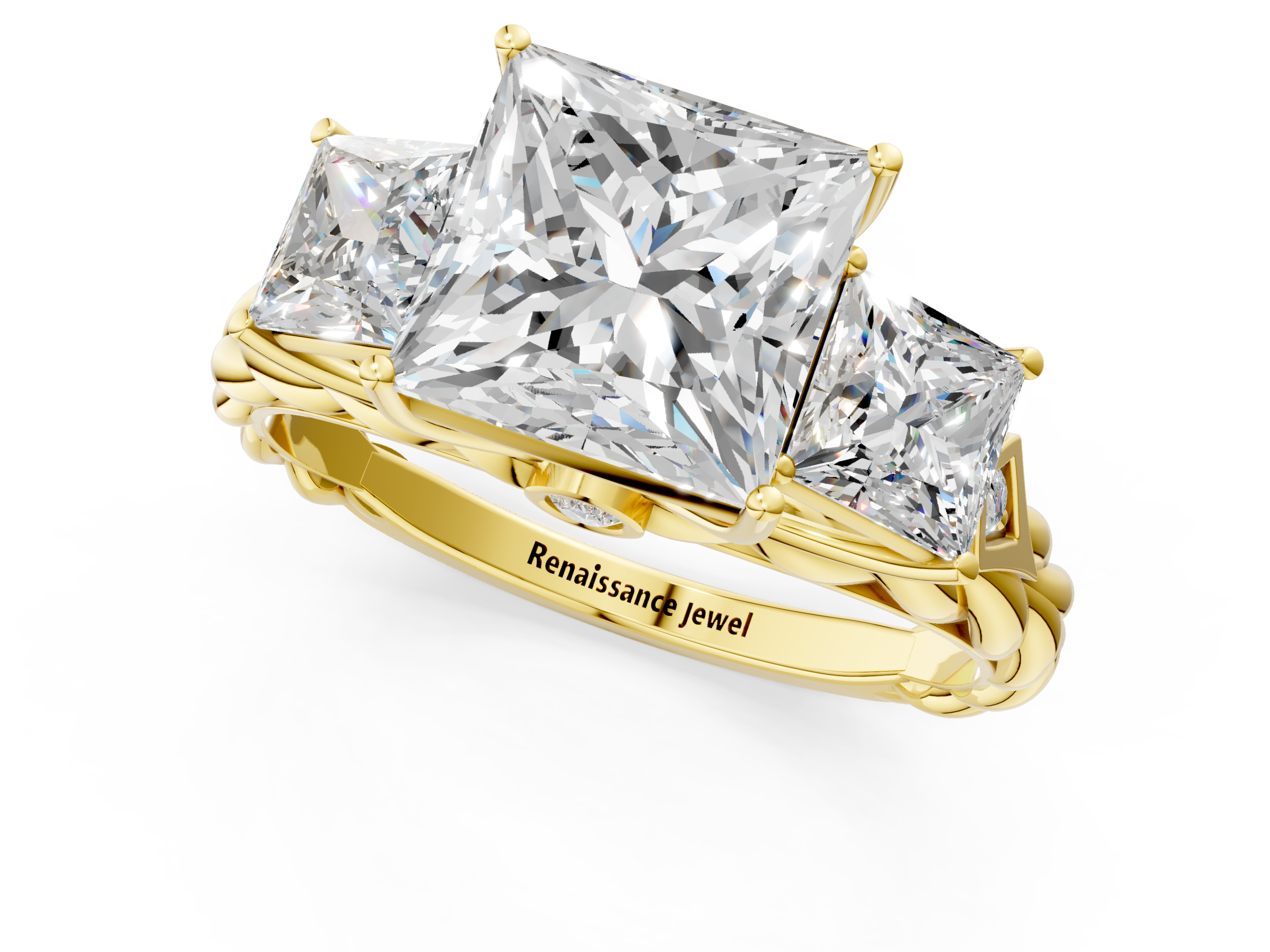 Yellow gold Princess Cut Three-Stone Braided Band Ring with Four-Prong Setting_25