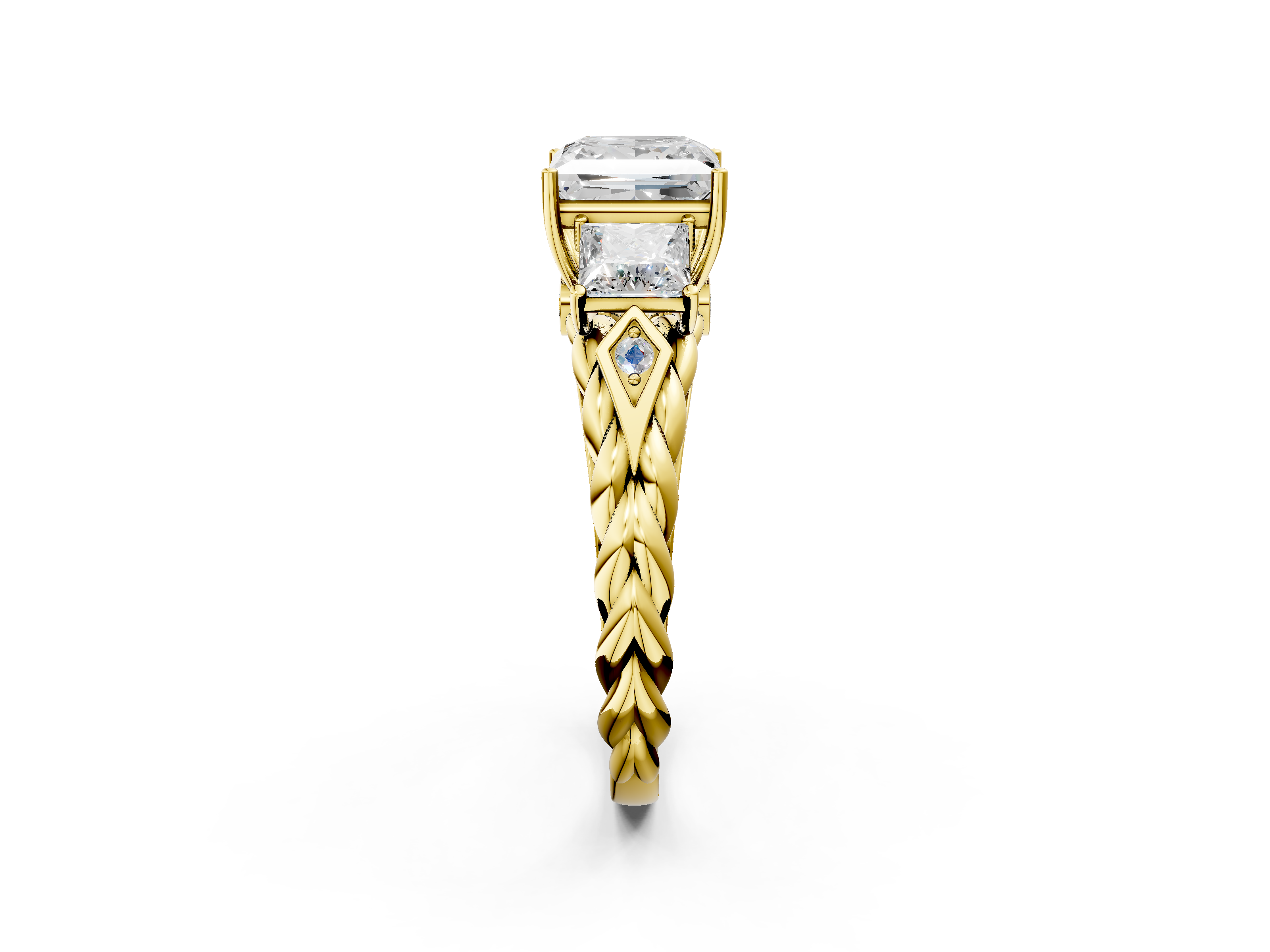 Yellow gold Princess Cut Three-Stone Braided Band Ring with Four-Prong Setting_26