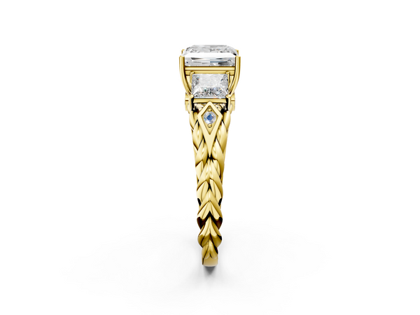 10K Yellow Gold 1.54 Carat F VS1 Princess Cut Three-Stone Braided Band Ring with Four-Prong Setting