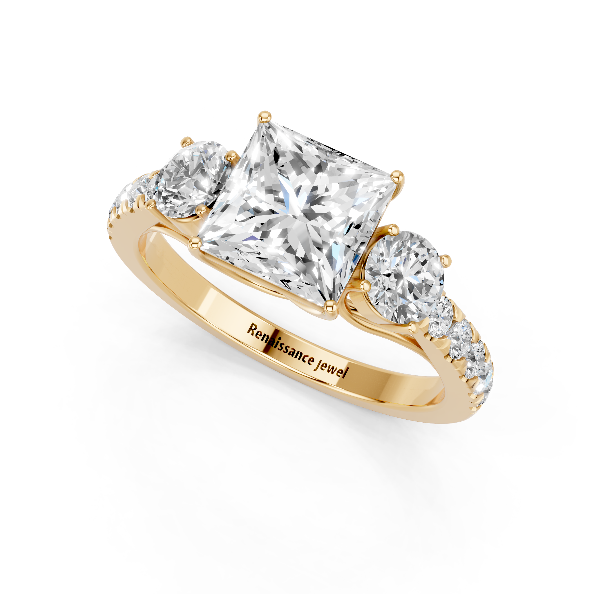 Yellow gold Princess Cut Three-Stone Diamond Pave Band with Prong Setting_53