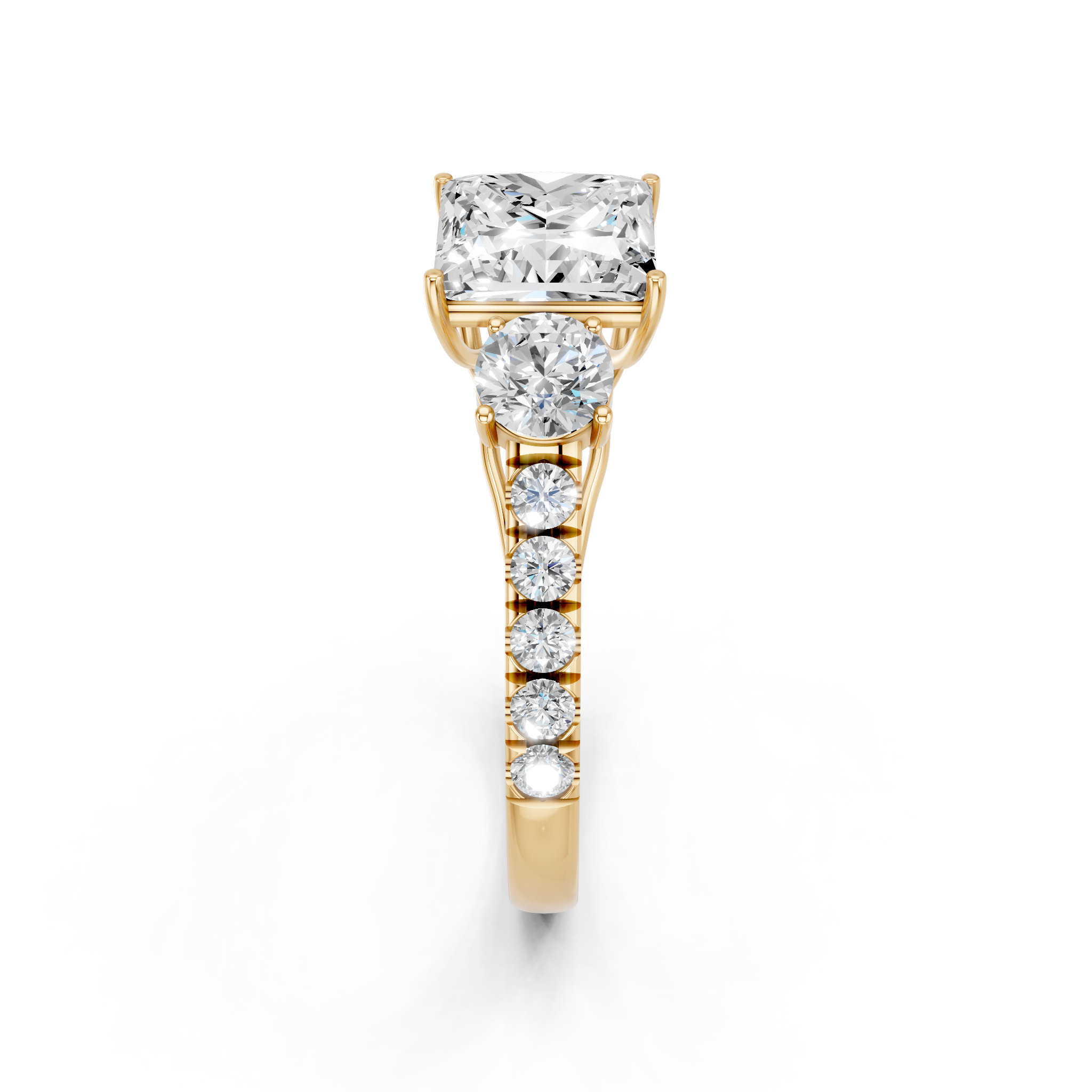 Yellow gold Princess Cut Three-Stone Diamond Pave Band with Prong Setting_54