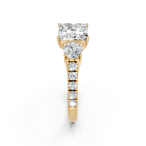 Yellow gold Princess Cut Three-Stone Diamond Pave Band with Prong Setting_54