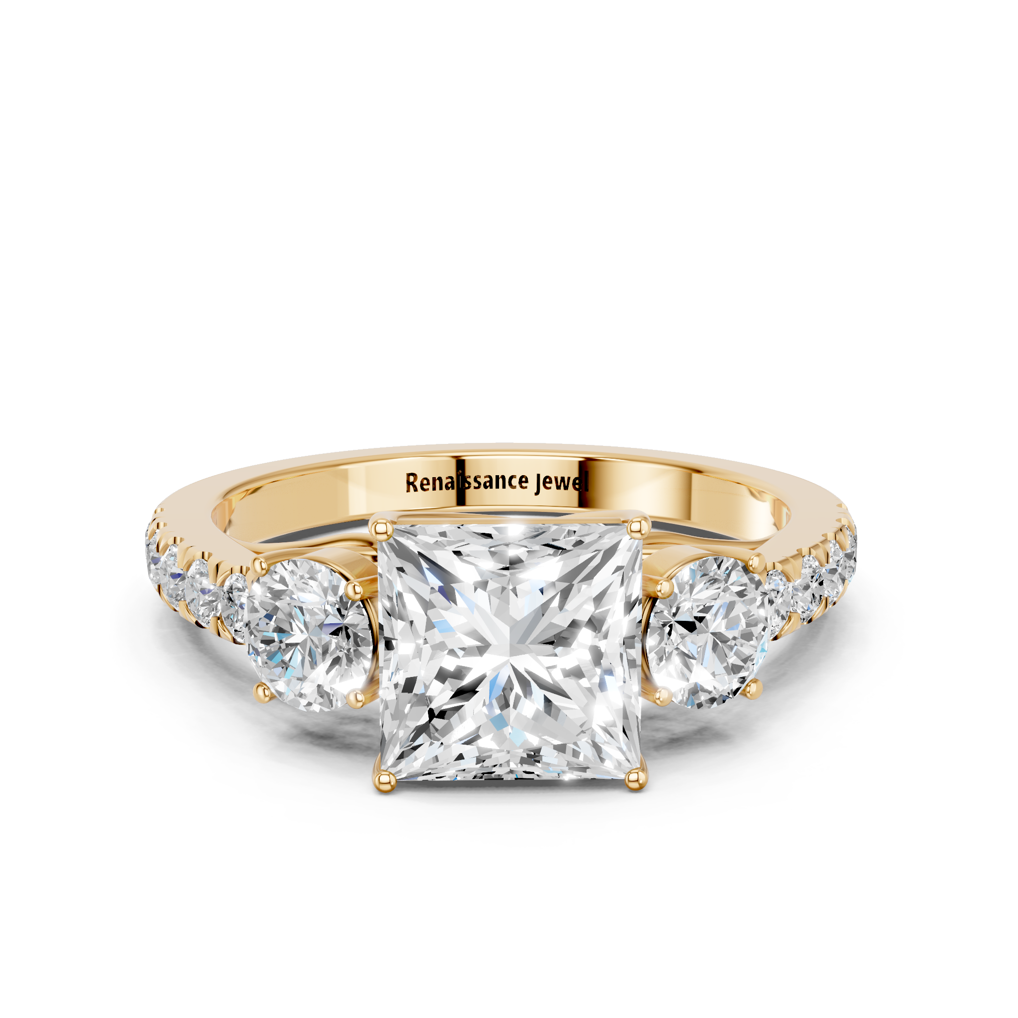 Yellow gold Princess Cut Three-Stone Diamond Pave Band with Prong Setting_61