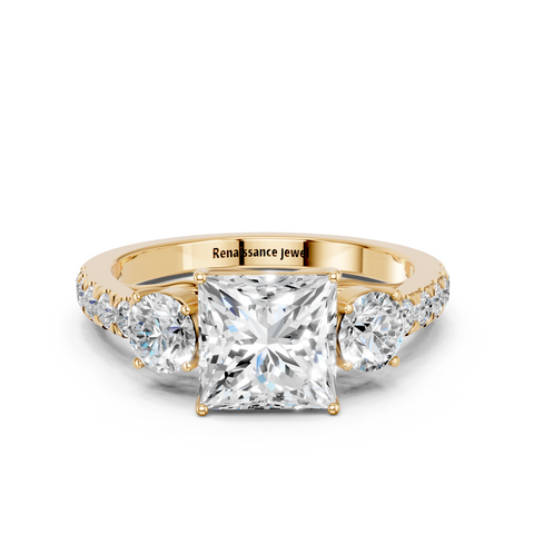Yellow gold Princess Cut Three-Stone Diamond Pave Band with Prong Setting_61