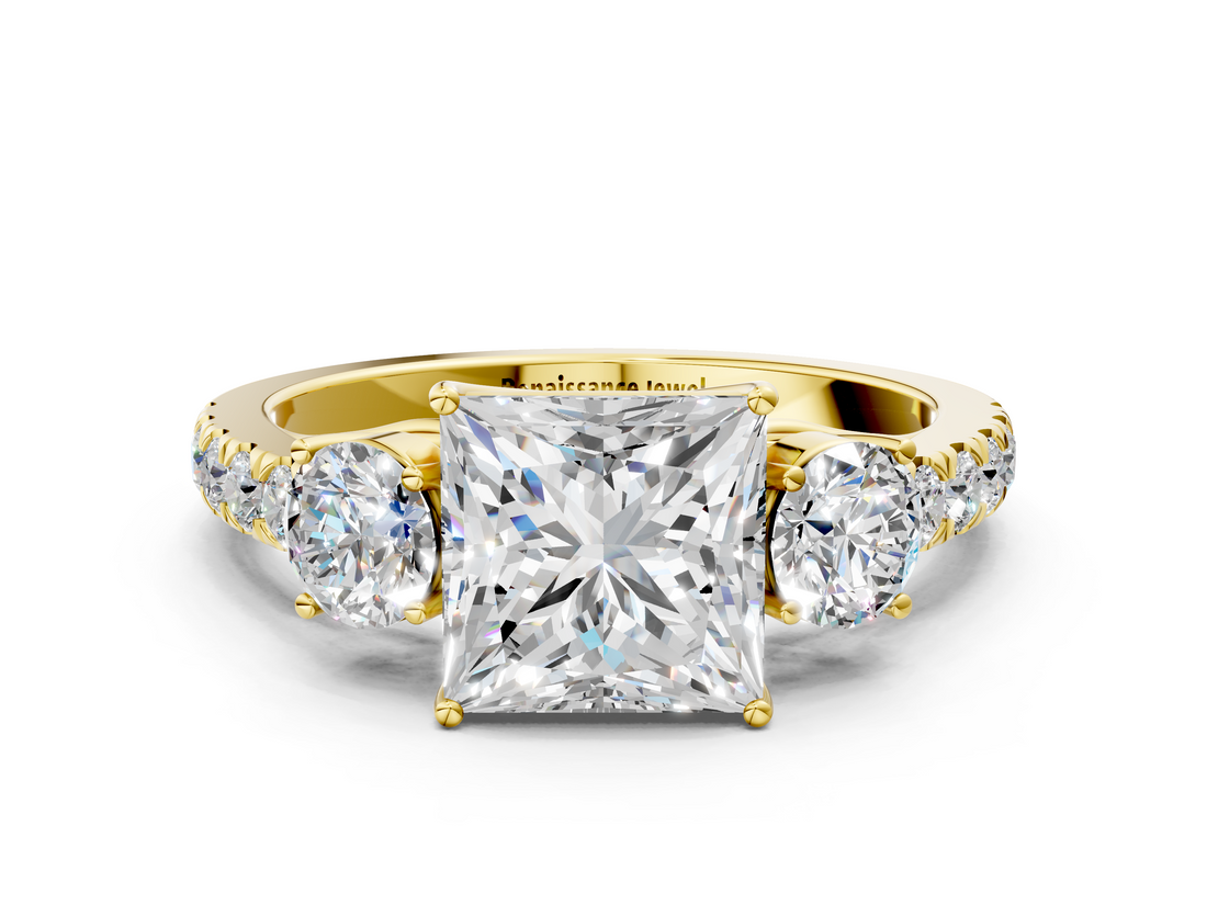 Yellow gold Princess Cut Three-Stone Diamond Pave Band with Prong Setting_90