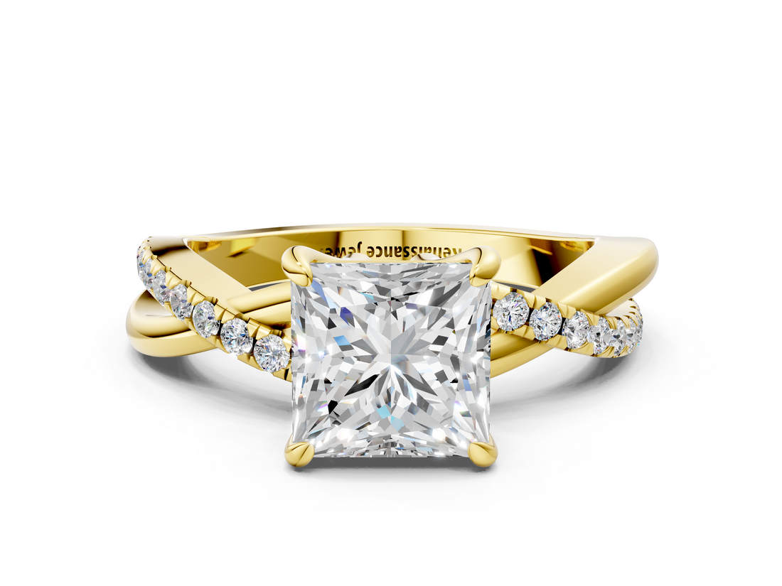 Yellow gold Princess Cut Twist Band Solitaire Diamond Ring with Pavé Setting_15