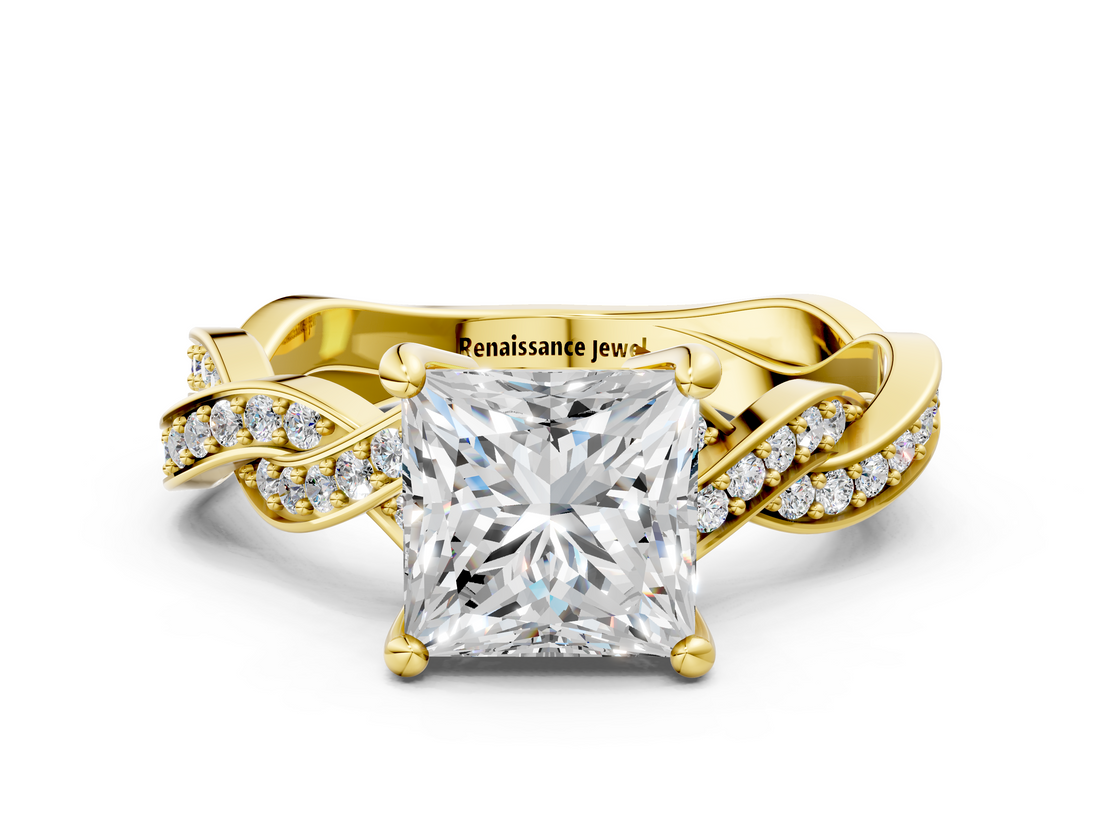 Yellow gold Princess Cut Twisted Pavé Band Solitaire Ring with Four-Prong Setting_114