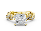 Yellow gold Princess Cut Twisted Pavé Band Solitaire Ring with Four-Prong Setting_114