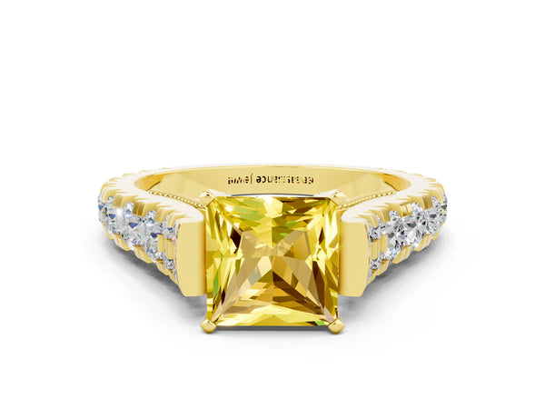 Yellow gold Princess Cut Yellow Sapphire Classic Solitaire Ring with Pavé Band and Four-Prong Setting