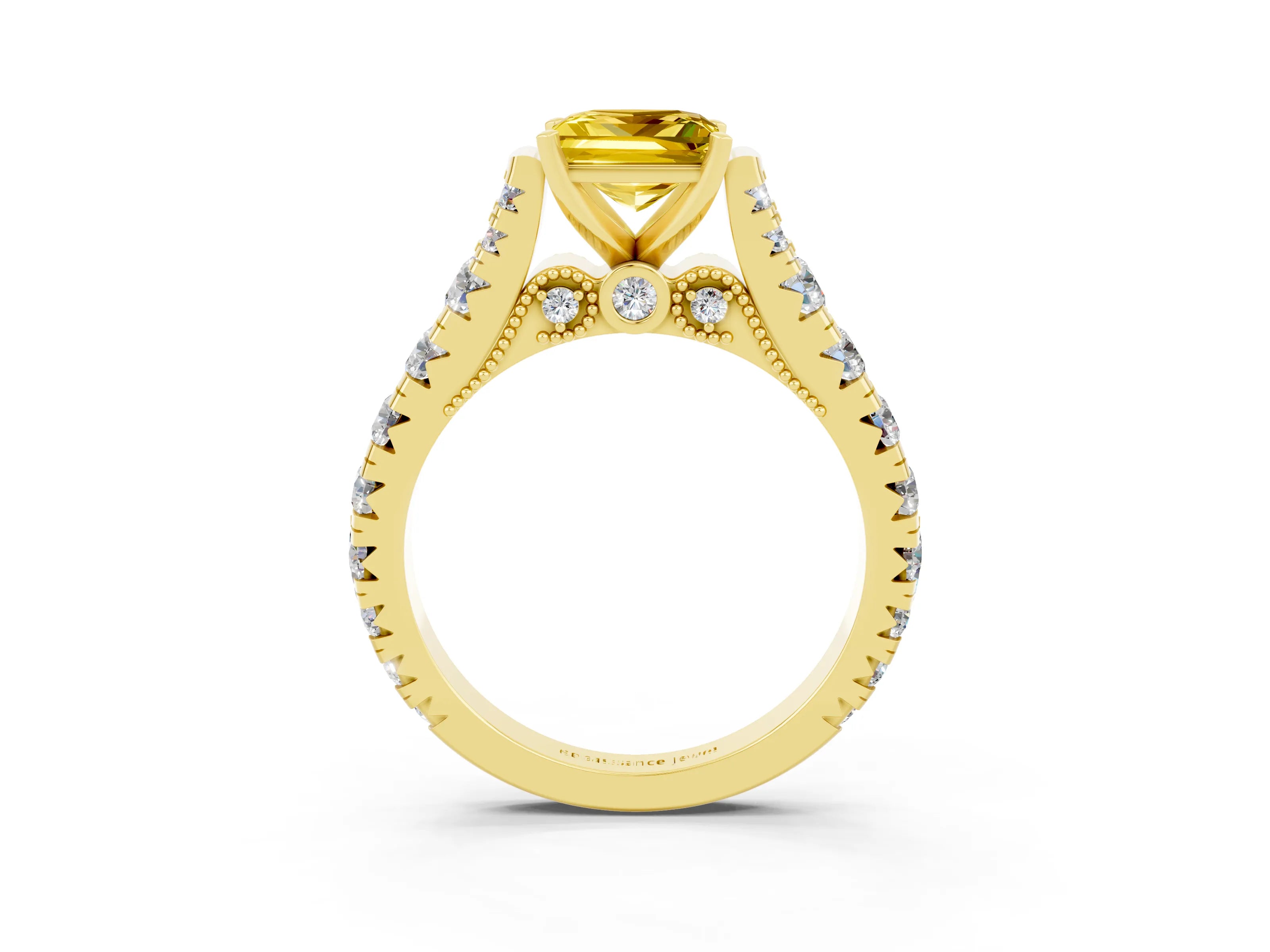 Yellow gold Princess Cut Yellow Sapphire Classic Solitaire Ring with Pavé Band and Four-Prong Setting_15