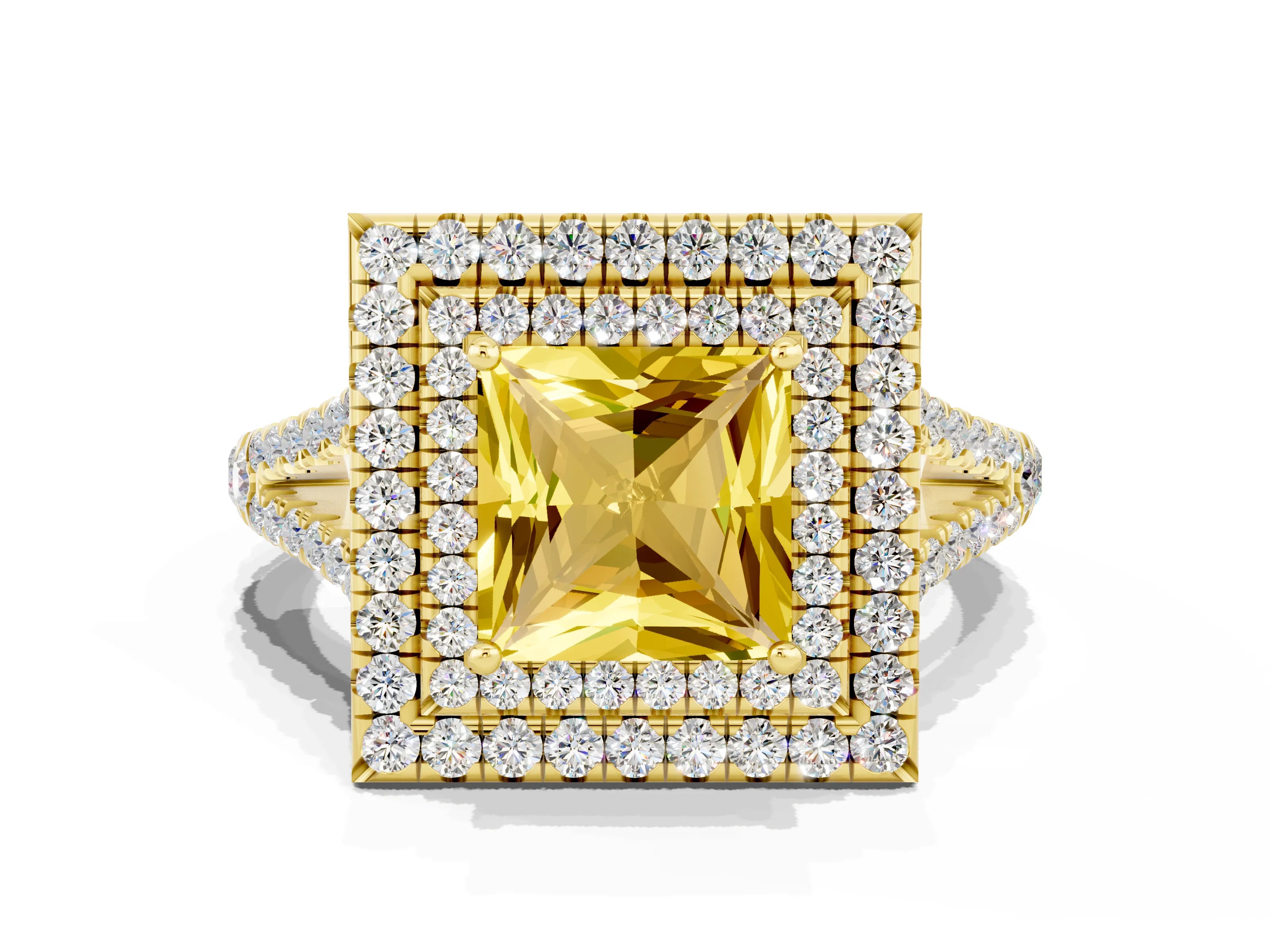 Yellow gold Princess Cut Yellow Sapphire Double Halo Ring with Pavé Band and Prong Setting_12