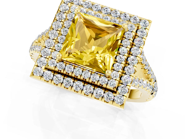 Yellow gold Princess Cut Yellow Sapphire Double Halo Ring with Pavé Band and Prong Setting