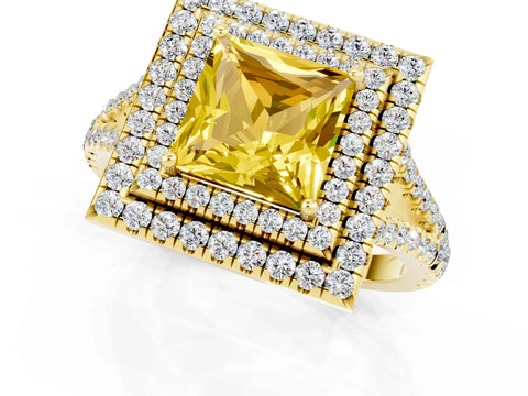 Yellow gold Princess Cut Yellow Sapphire Double Halo Ring with Pavé Band and Prong Setting_13