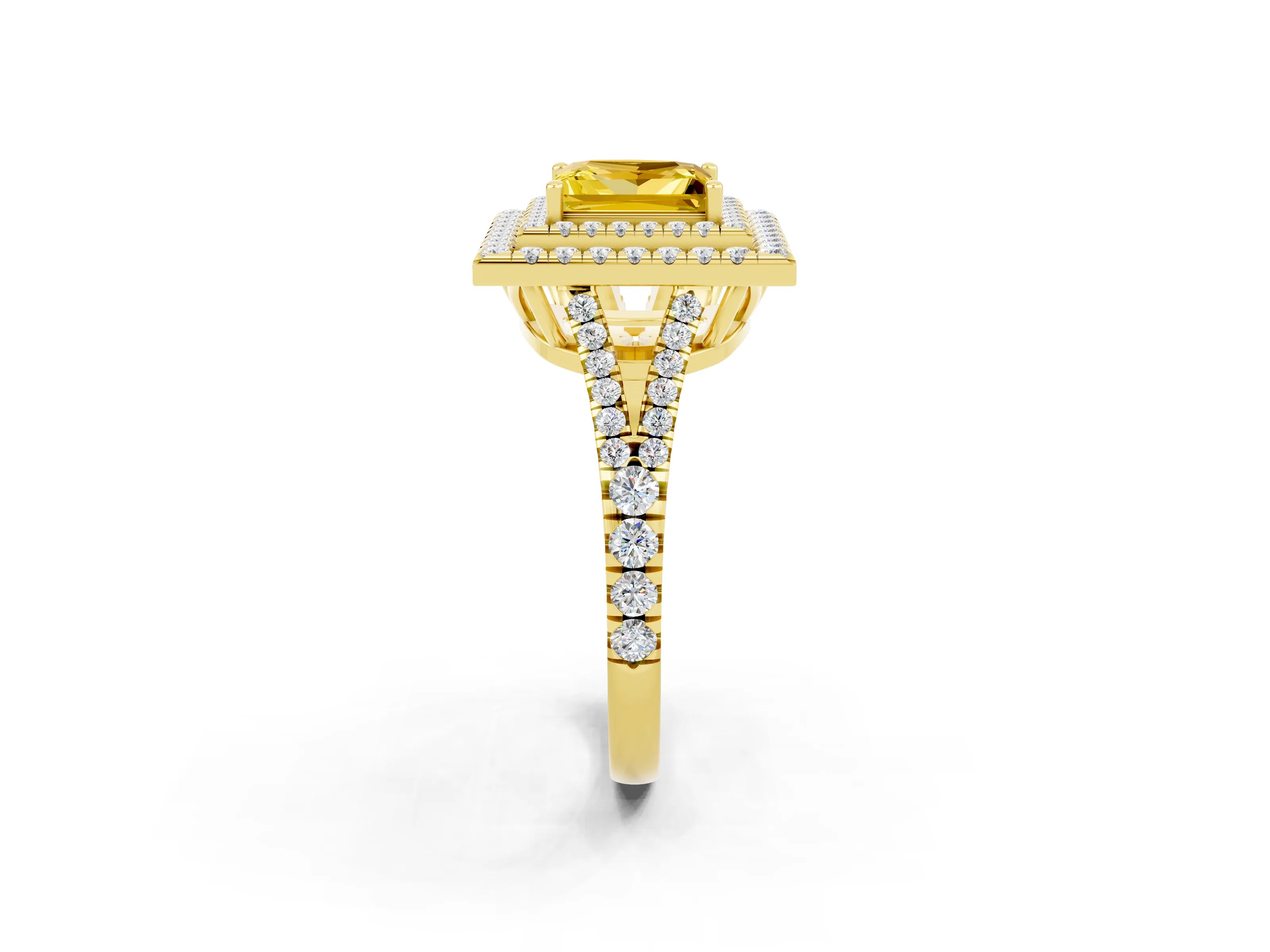 Yellow gold Princess Cut Yellow Sapphire Double Halo Ring with Pavé Band and Prong Setting_14