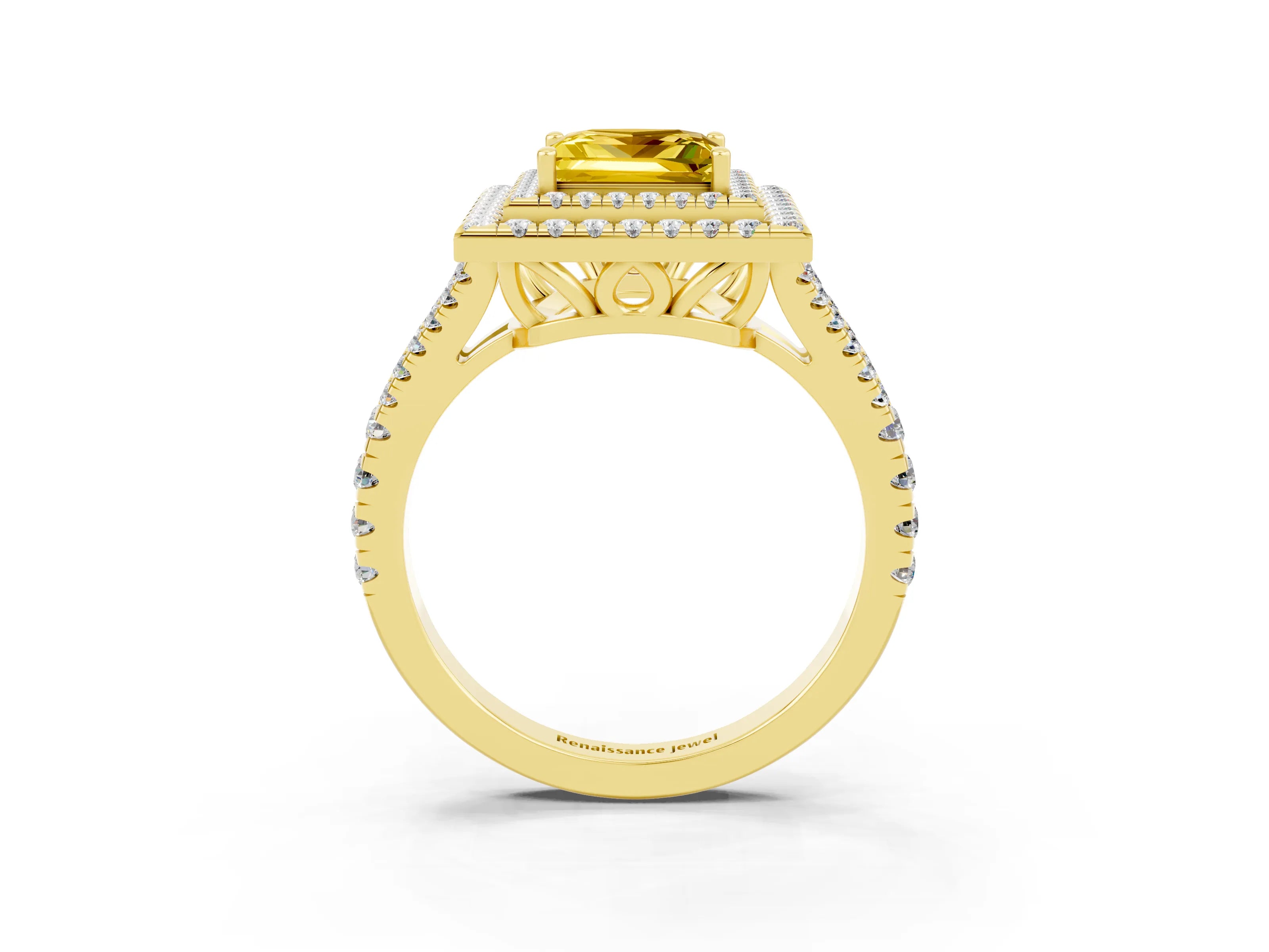 Yellow gold Princess Cut Yellow Sapphire Double Halo Ring with Pavé Band and Prong Setting_15