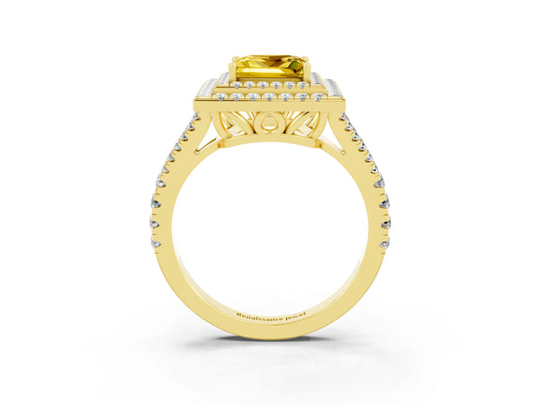 Yellow gold Princess Cut Yellow Sapphire Double Halo Ring with Pavé Band and Prong Setting