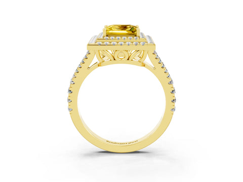 Yellow gold Princess Cut Yellow Sapphire Double Halo Ring with Pavé Band and Prong Setting_15