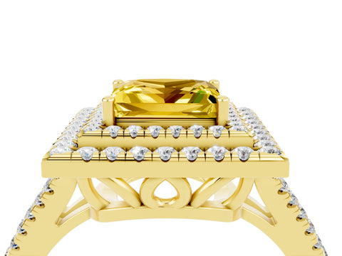 Yellow gold Princess Cut Yellow Sapphire Double Halo Ring with Pavé Band and Prong Setting_16