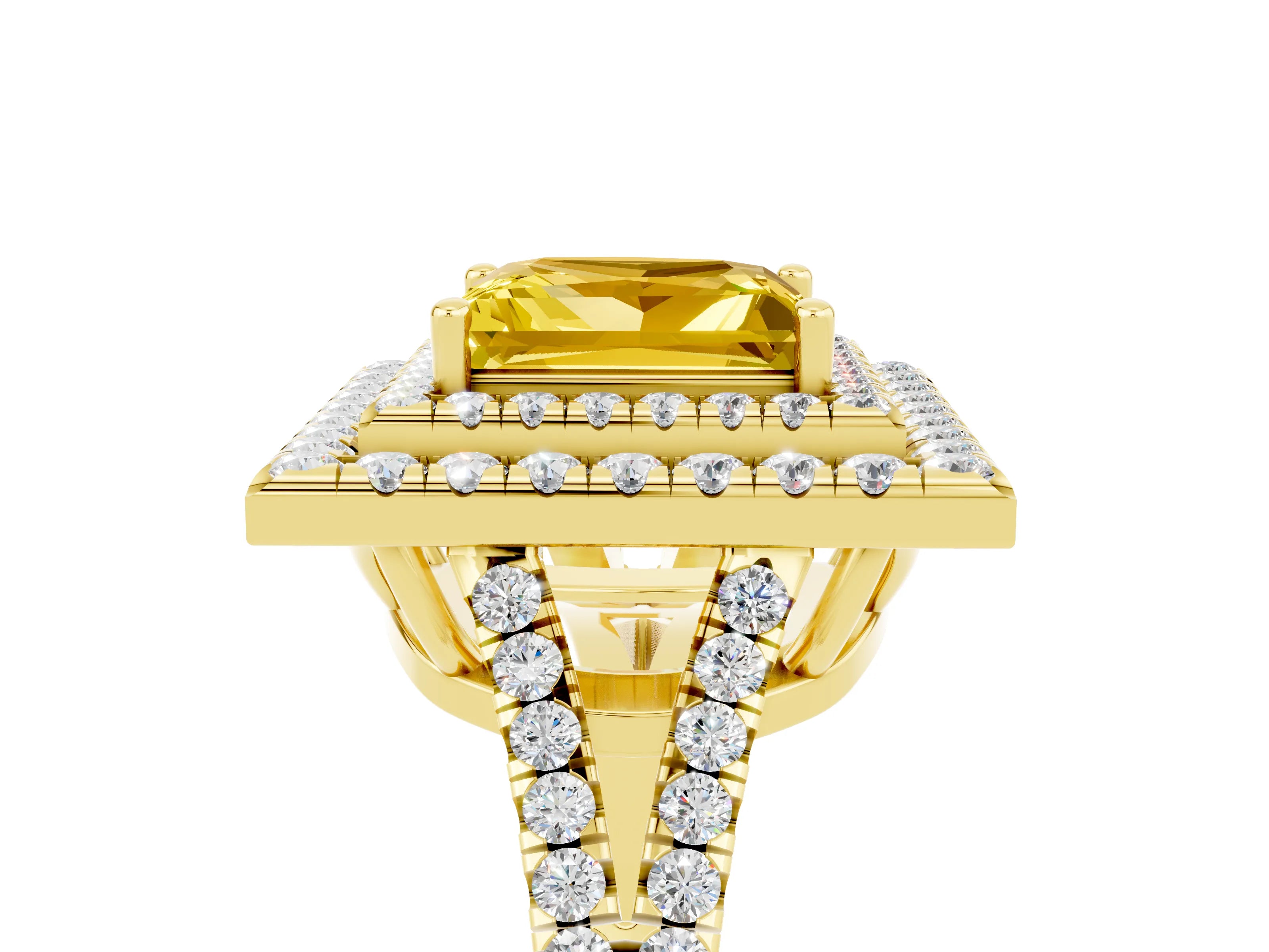 Yellow gold Princess Cut Yellow Sapphire Double Halo Ring with Pavé Band and Prong Setting_17