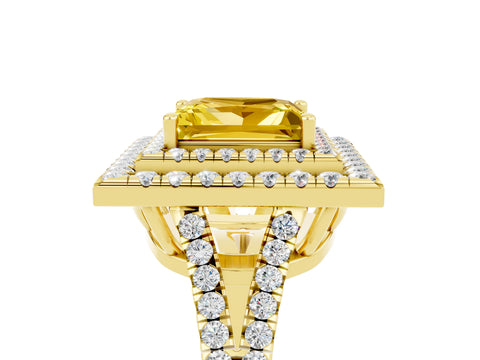 Yellow gold Princess Cut Yellow Sapphire Double Halo Ring with Pavé Band and Prong Setting_17