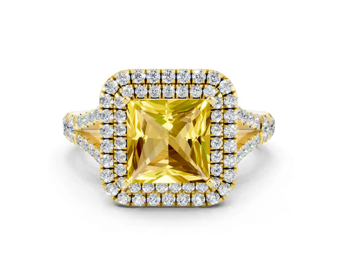 Yellow gold Princess Cut Yellow Sapphire Double Halo Ring with Split Shank and Prong Setting_12