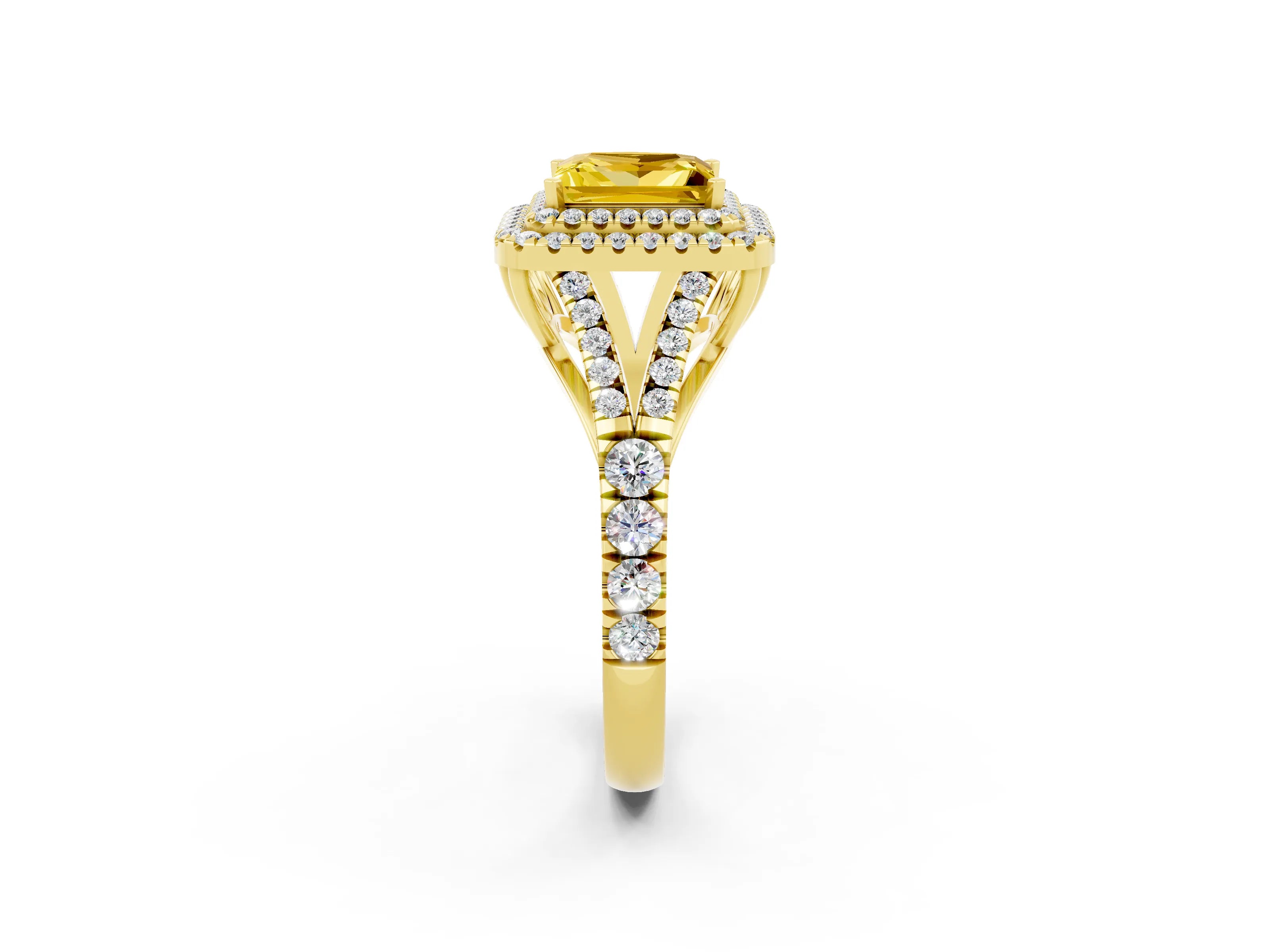 Yellow gold Princess Cut Yellow Sapphire Double Halo Ring with Split Shank and Prong Setting_14