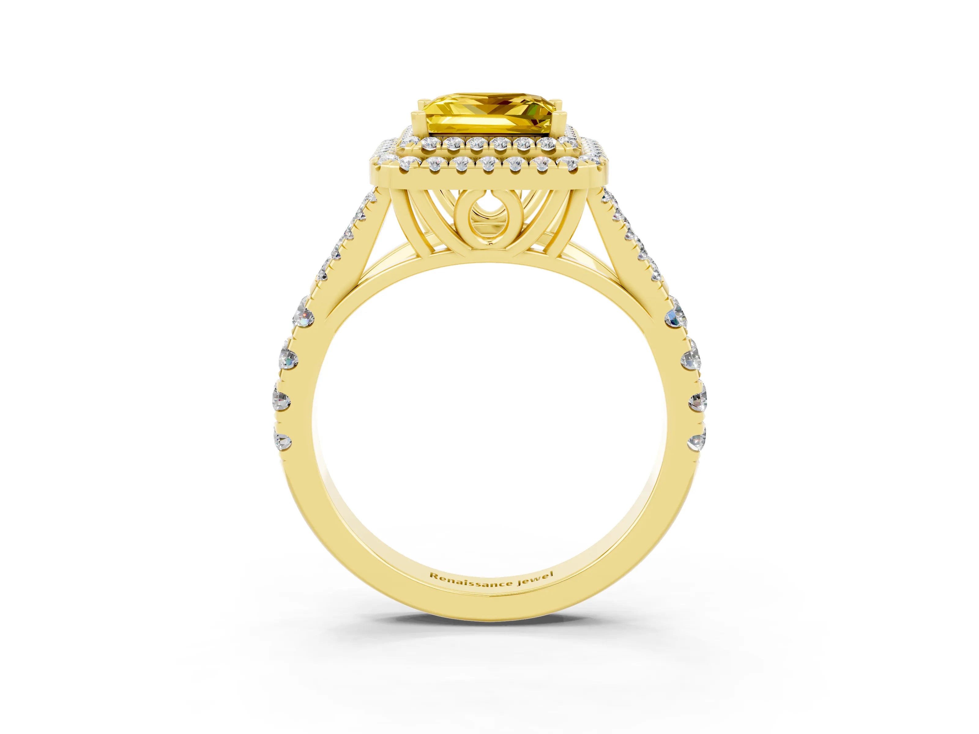 Yellow gold Princess Cut Yellow Sapphire Double Halo Ring with Split Shank and Prong Setting_15