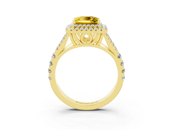 Yellow gold Princess Cut Yellow Sapphire Double Halo Ring with Split Shank and Prong Setting