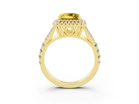 Yellow gold Princess Cut Yellow Sapphire Double Halo Ring with Split Shank and Prong Setting_15